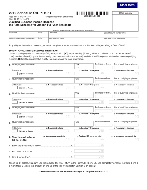 Form 150-101-365 Schedule OR-PTE-FY 2019 Printable Pdf