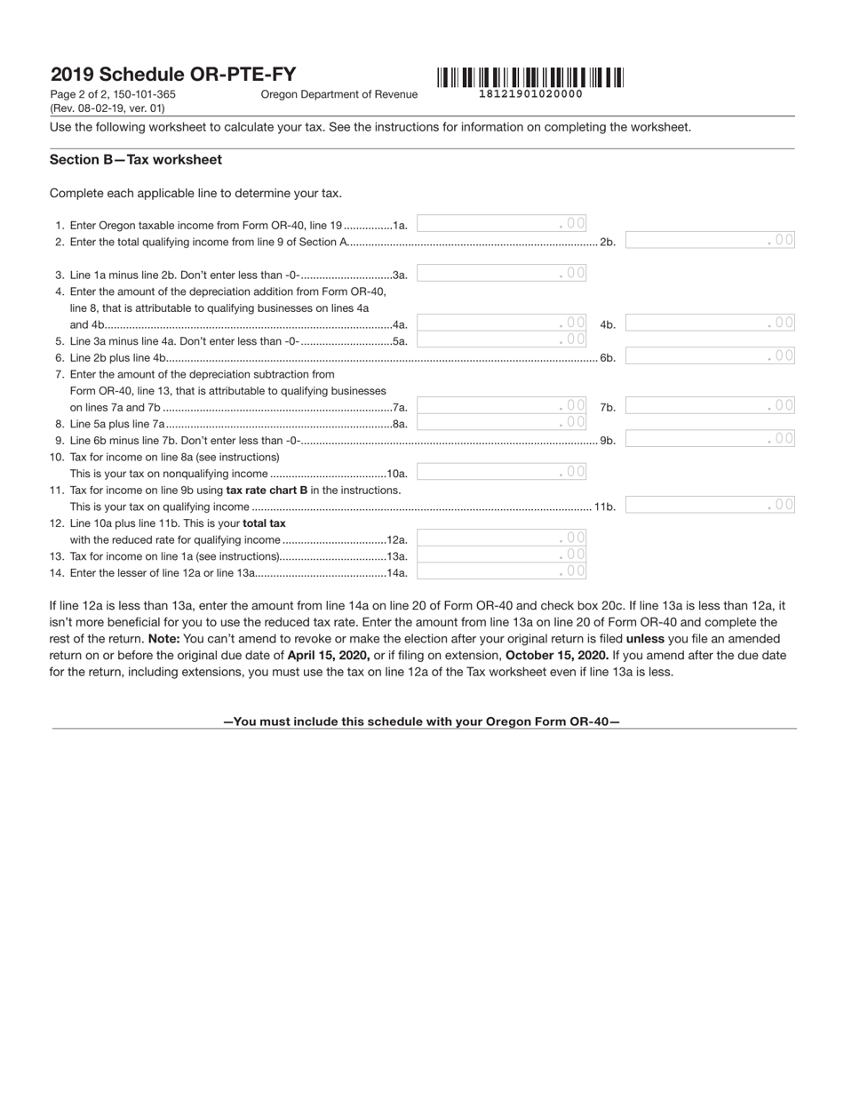 Form 150-101-365 Schedule OR-PTE-FY Qualified Business Income Reduced Tax Rate Schedule for Oregon Full-Year Resident - Oregon, Page 2