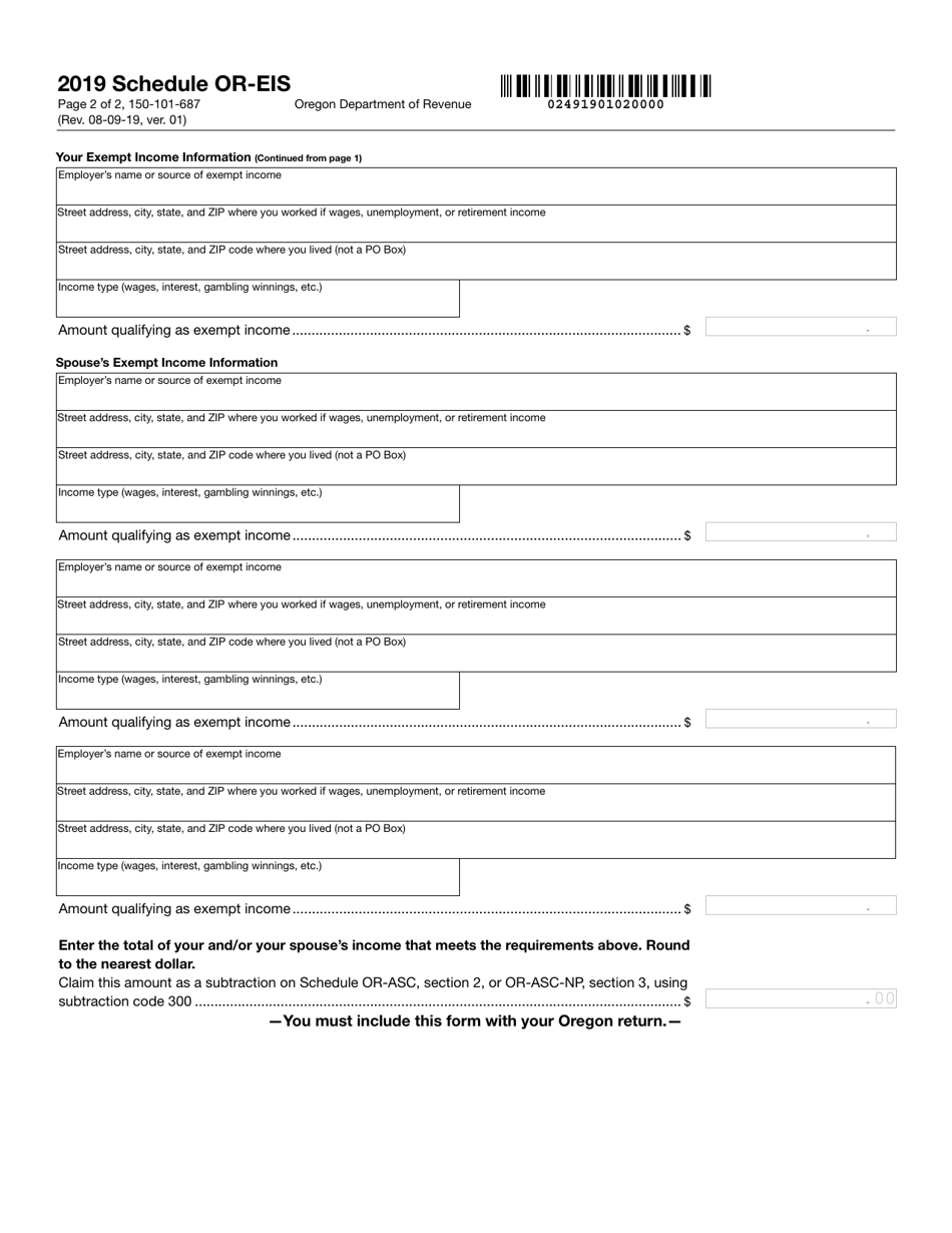Form 150-101-687 Schedule OR-EIS Exempt Income Schedule for Enrolled Members of a Federally Recognized Indian Tribe - Oregon, Page 2