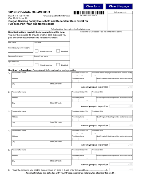 Form 150-101-195 Schedule OR-WFHDC 2019 Printable Pdf