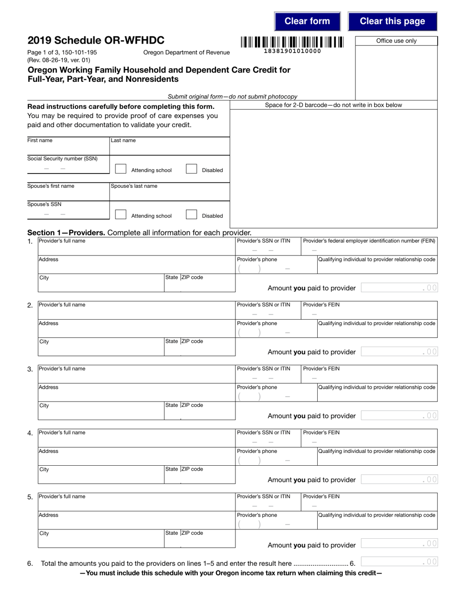 Form 150-101-195 Schedule OR-WFHDC Oregon Working Family Household and Dependent Care Credit for Full-Year, Part-Year, and Nonresidents - Oregon, Page 1