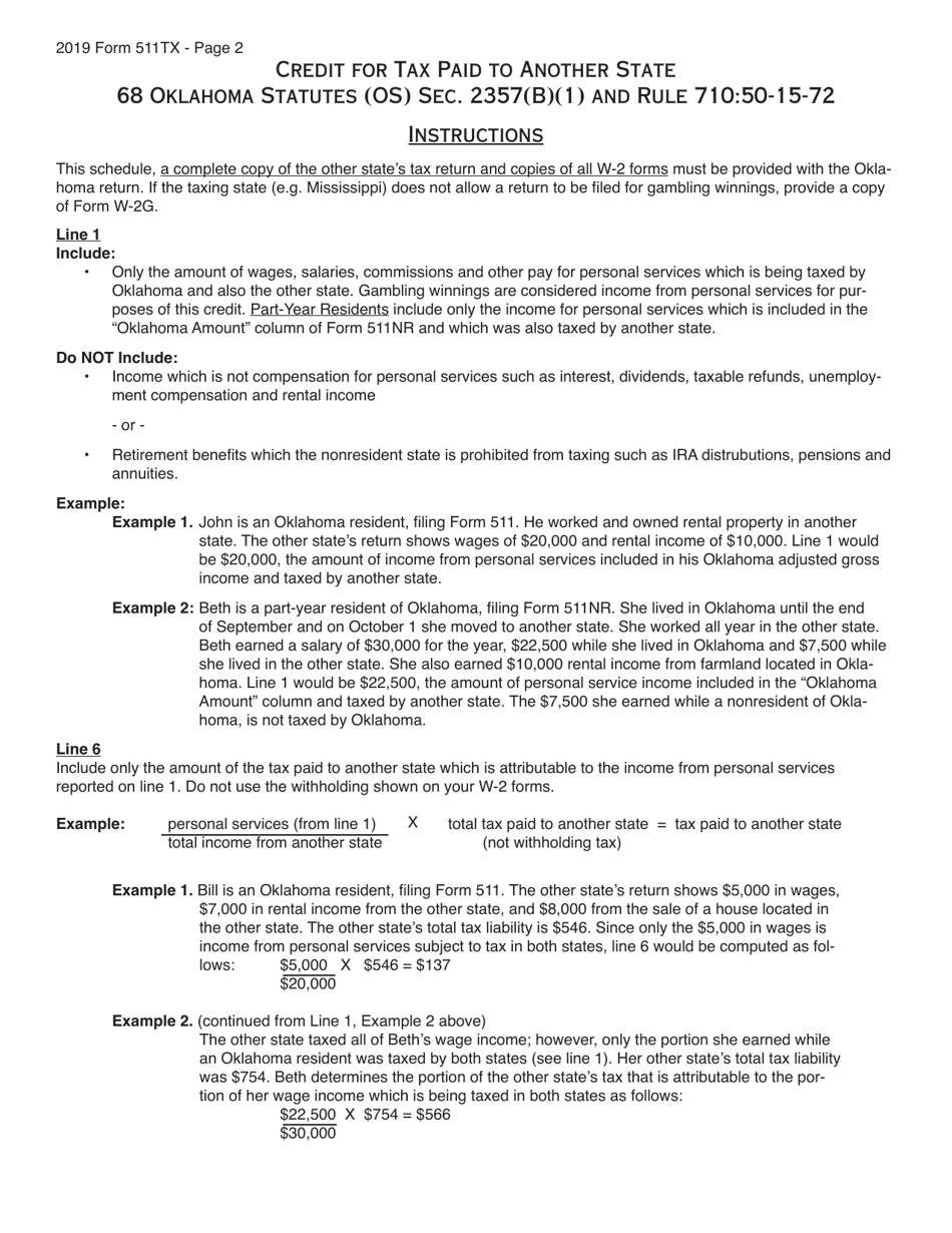 Form 511TX Oklahoma Credit for Tax Paid to Another State - Oklahoma, Page 2