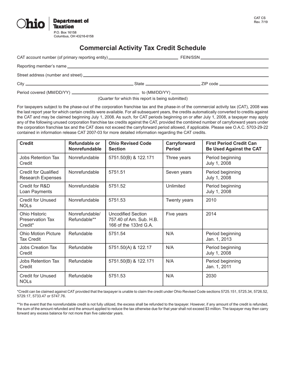 Form CAT CS Commercial Activity Tax Credit Schedule - Ohio, Page 1