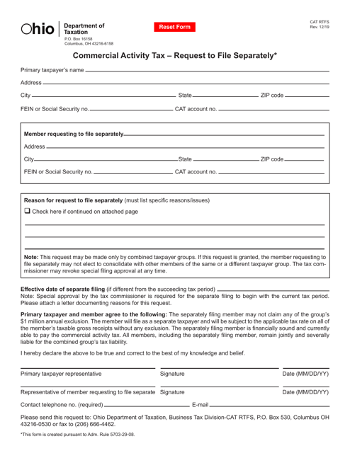Form CAT RTFS Commercial Activity Tax - Request to File Separately - Ohio