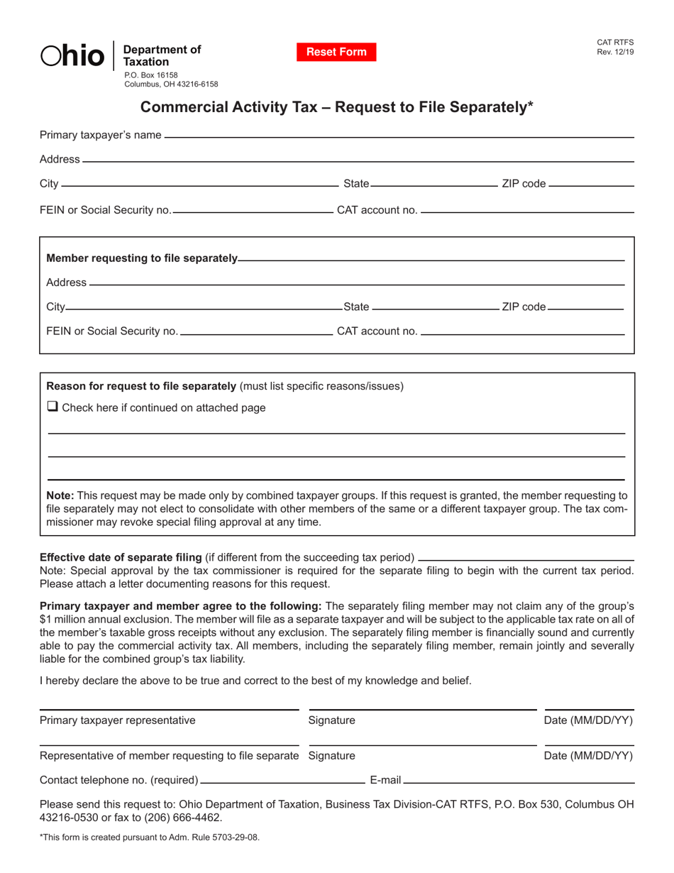 Form CAT RTFS Commercial Activity Tax - Request to File Separately - Ohio, Page 1