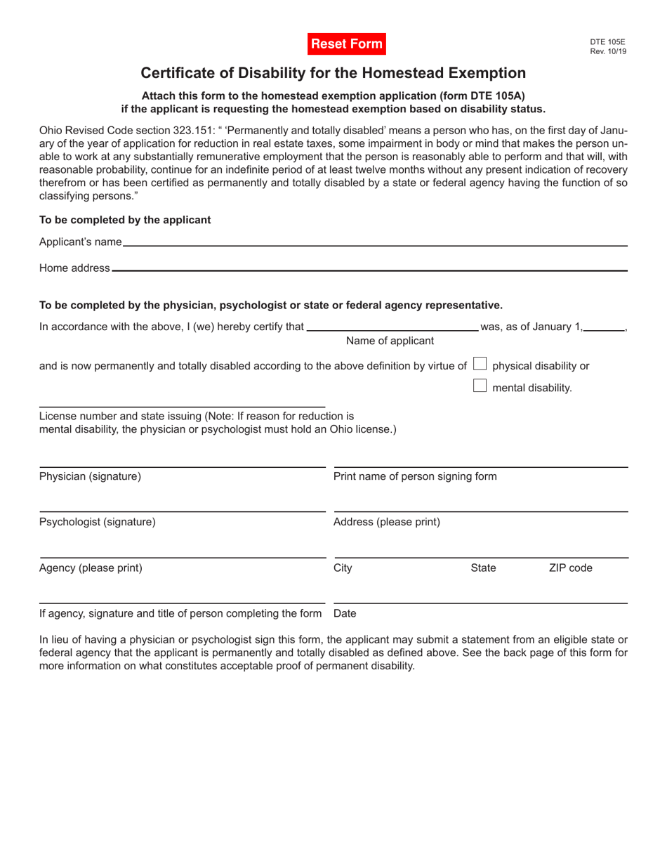 Form DTE105E Certificate of Disability for the Homestead Exemption - Ohio, Page 1