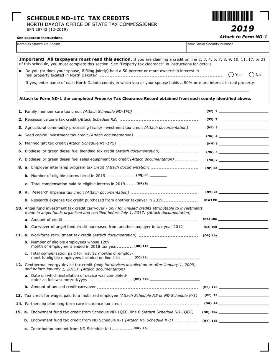 Form SFN28742 Schedule ND-1TC Tax Credits - North Dakota, Page 1