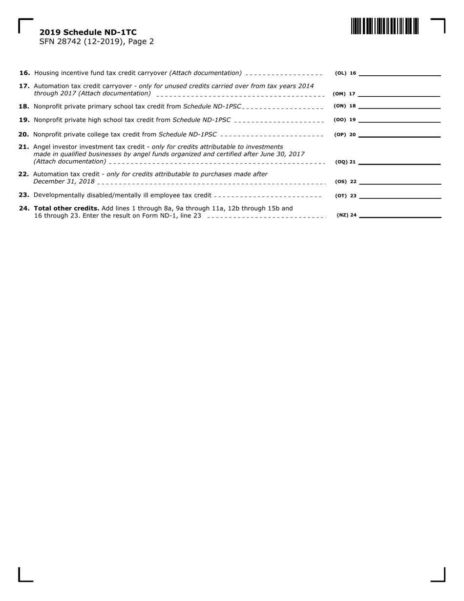 Form SFN28742 Schedule ND-1TC Tax Credits - North Dakota, Page 2