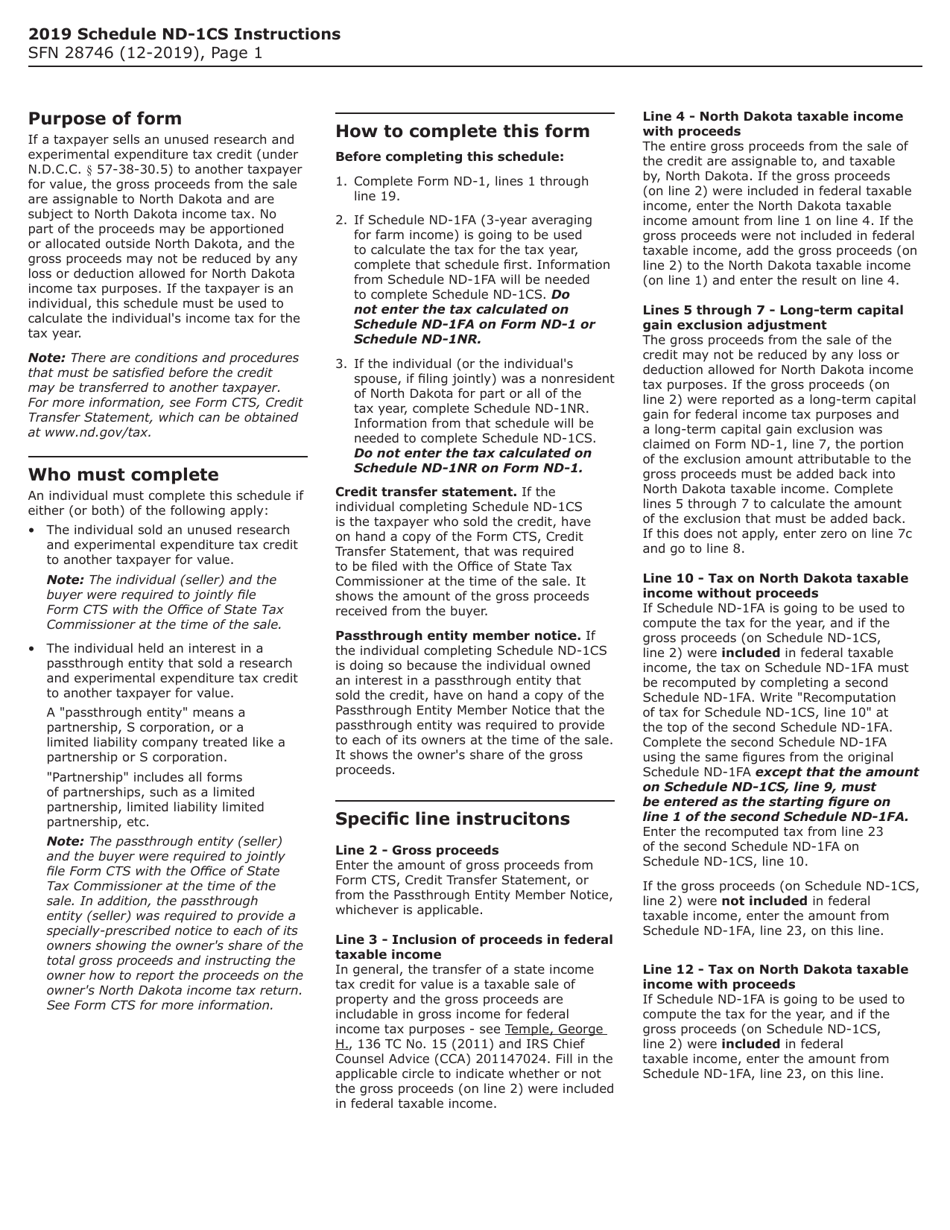 Form SFN28746 Schedule ND-1CS Calculation of Tax on Proceeds From Sale of Income Tax Credit - North Dakota, Page 2