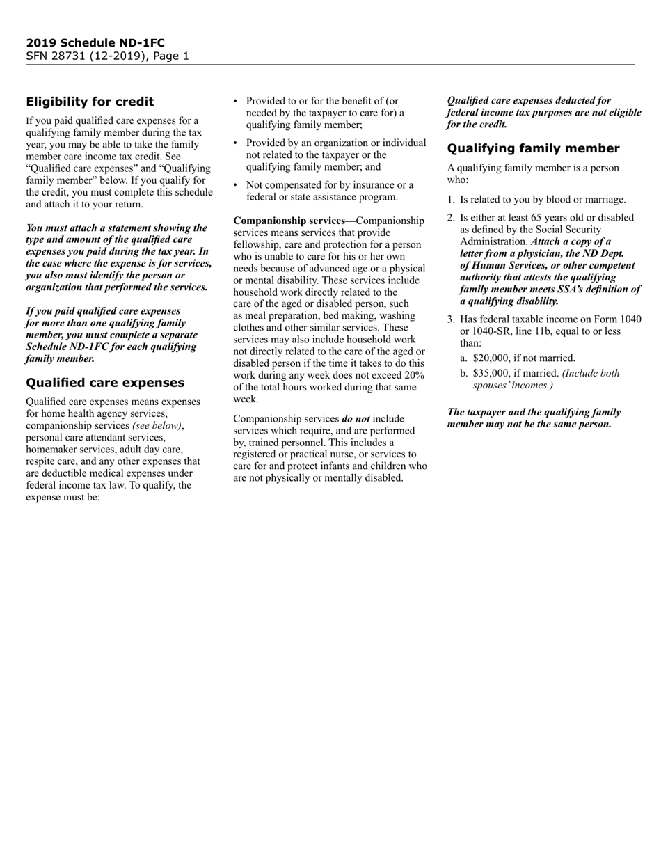 Form SFN28731 Schedule ND-1FC Family Member Care Tax Credit - North Dakota, Page 2