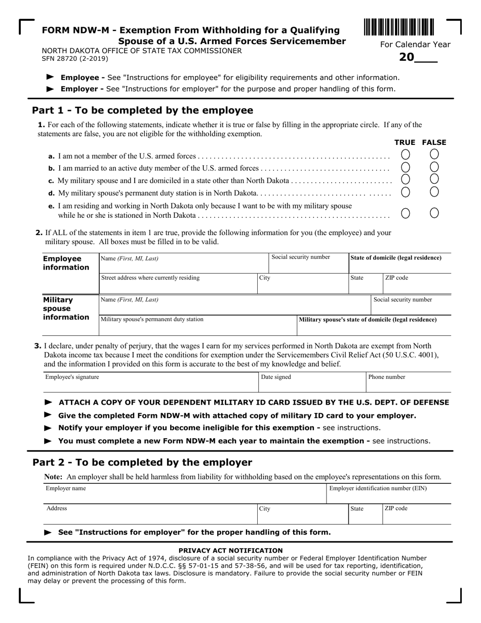 Form NDW-M (SFN28720) Exemption From Withholding for a Qualifying Spouse of a U.S. Armed Forces Servicemember - North Dakota, Page 1