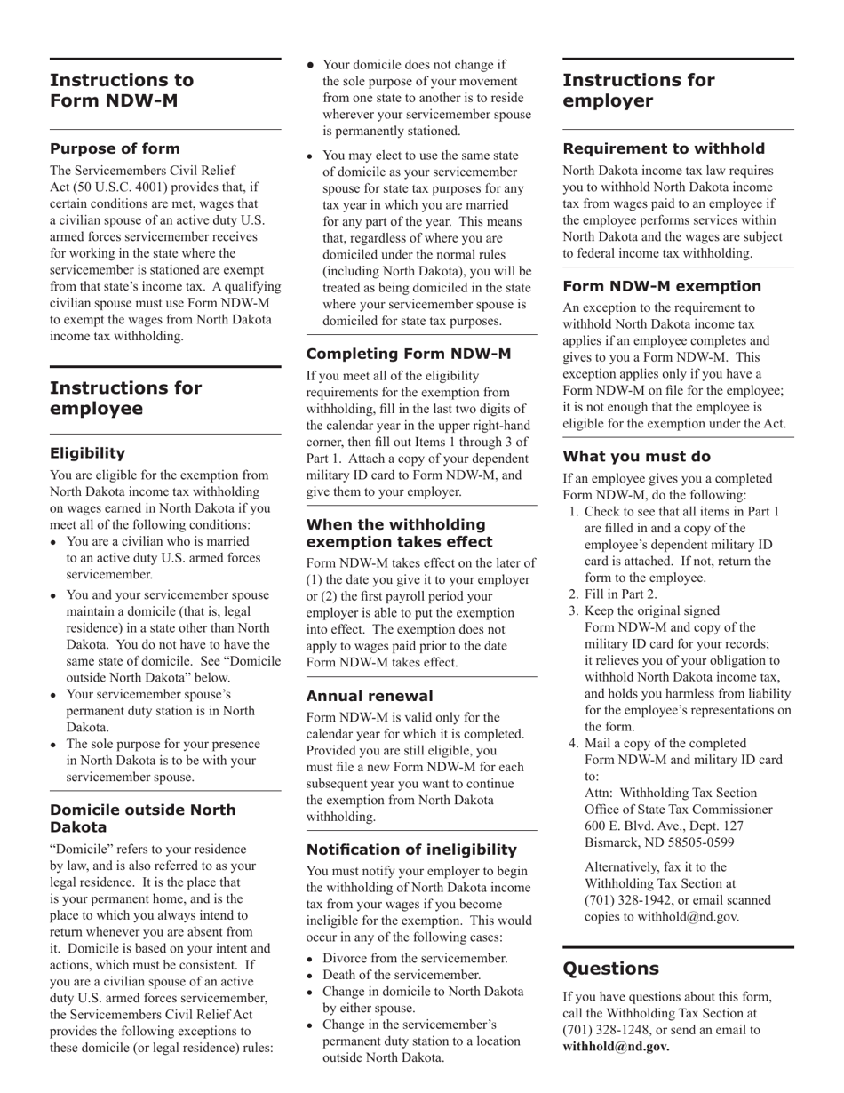 Form NDW-M (SFN28720) Exemption From Withholding for a Qualifying Spouse of a U.S. Armed Forces Servicemember - North Dakota, Page 2