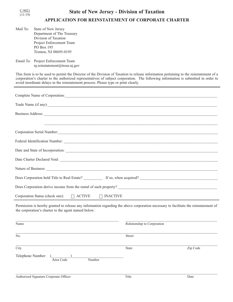 Form C-9021 Application for Reinstatement of Corporate Charter - New Jersey, Page 1