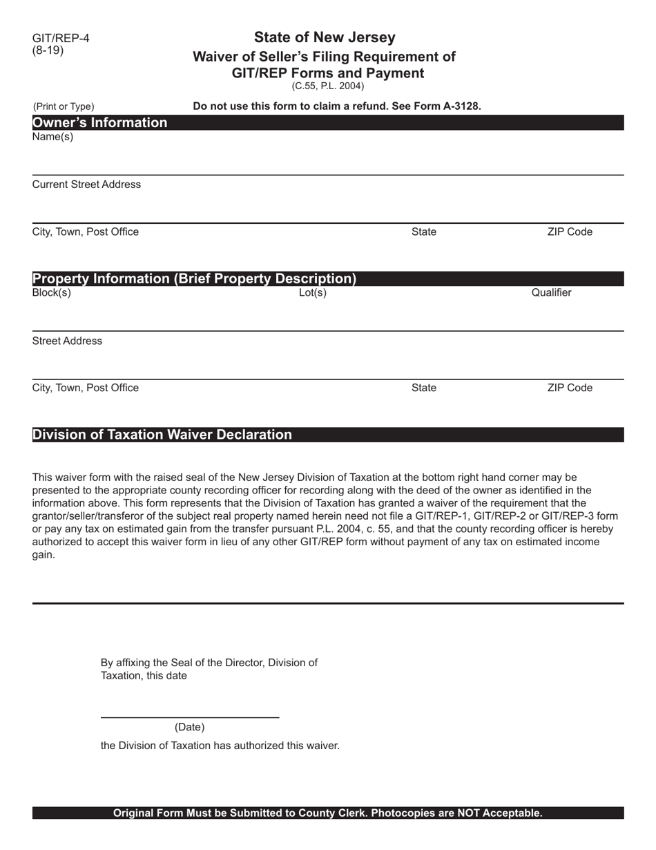 Form GIT-REP-4 Waiver of Sellers Filing Requirement of Git / Rep Forms and Payment - New Jersey, Page 1