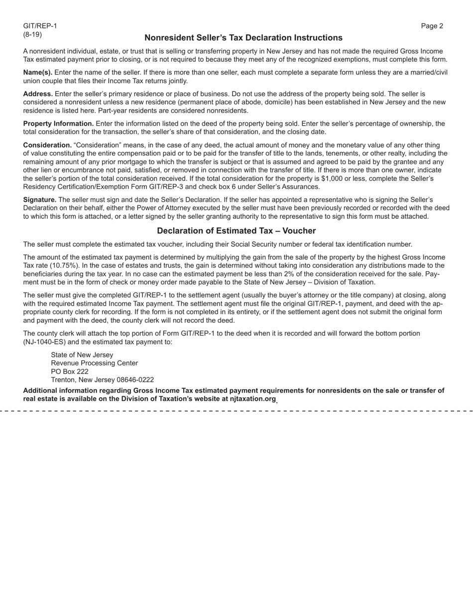 Form GIT-REP-1 Nonresident Sellers Tax Declaration - New Jersey, Page 2
