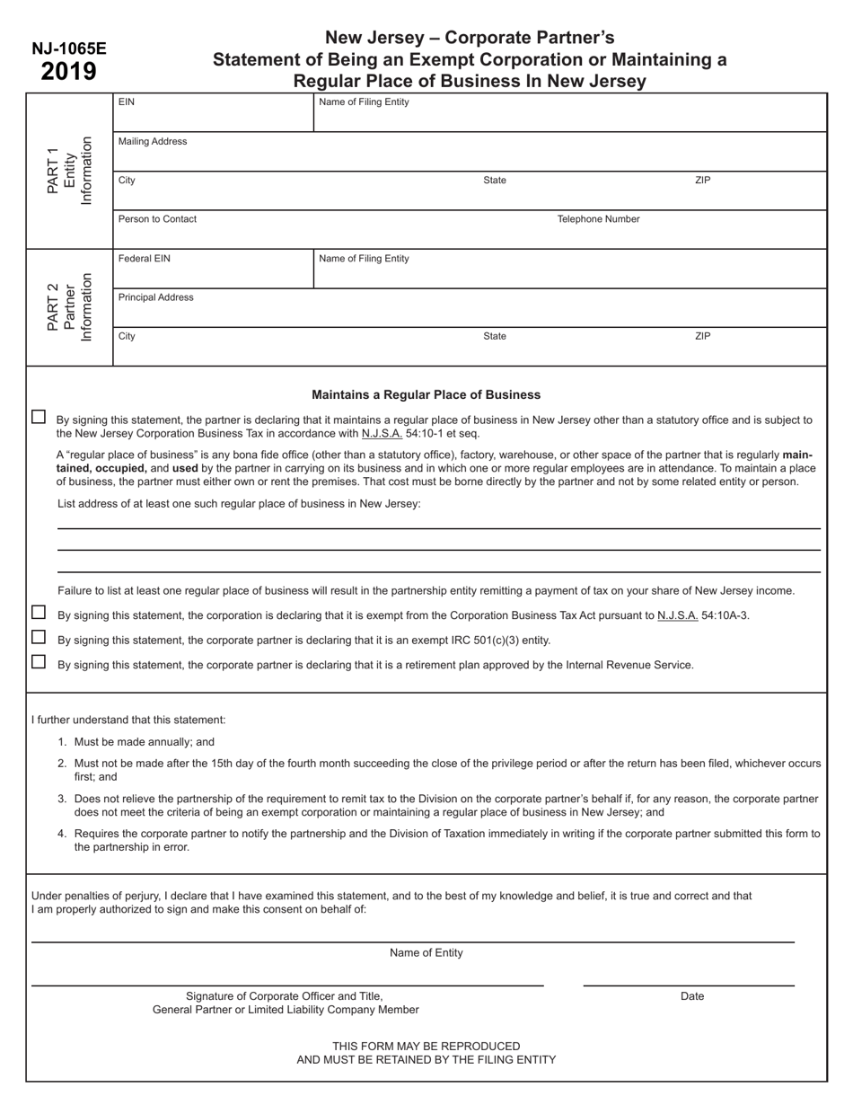 Form NJ-1065E New Jersey - Corporate Partners Statement of Being an Exempt Corporation or Maintaining a Regular Place of Business in New Jersey - New Jersey, Page 1