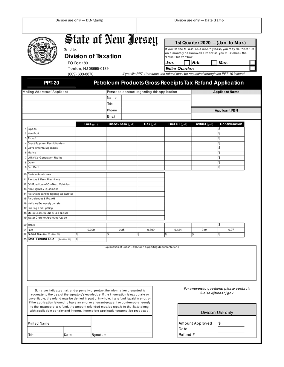 Form PPT-20 Petroleum Products Gross Receipts Tax Refund Application - 1st Quarter 2020 (Jan. to MAR.) - New Jersey, Page 1