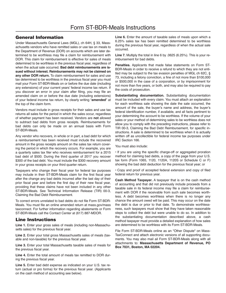 Form ST-BDR-MEALS Claim for Bad Debt Reimbursement - Massachusetts, Page 2
