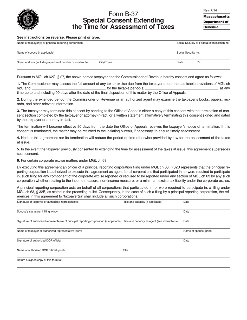 Form B-37 Special Consent Extending the Time for Assessment of Taxes - Massachusetts, Page 1