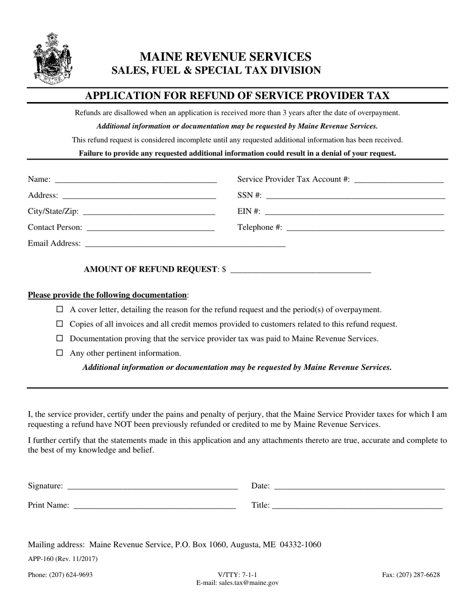 Form APP-160 Application for Refund of Service Provider Tax - Maine, Page 1