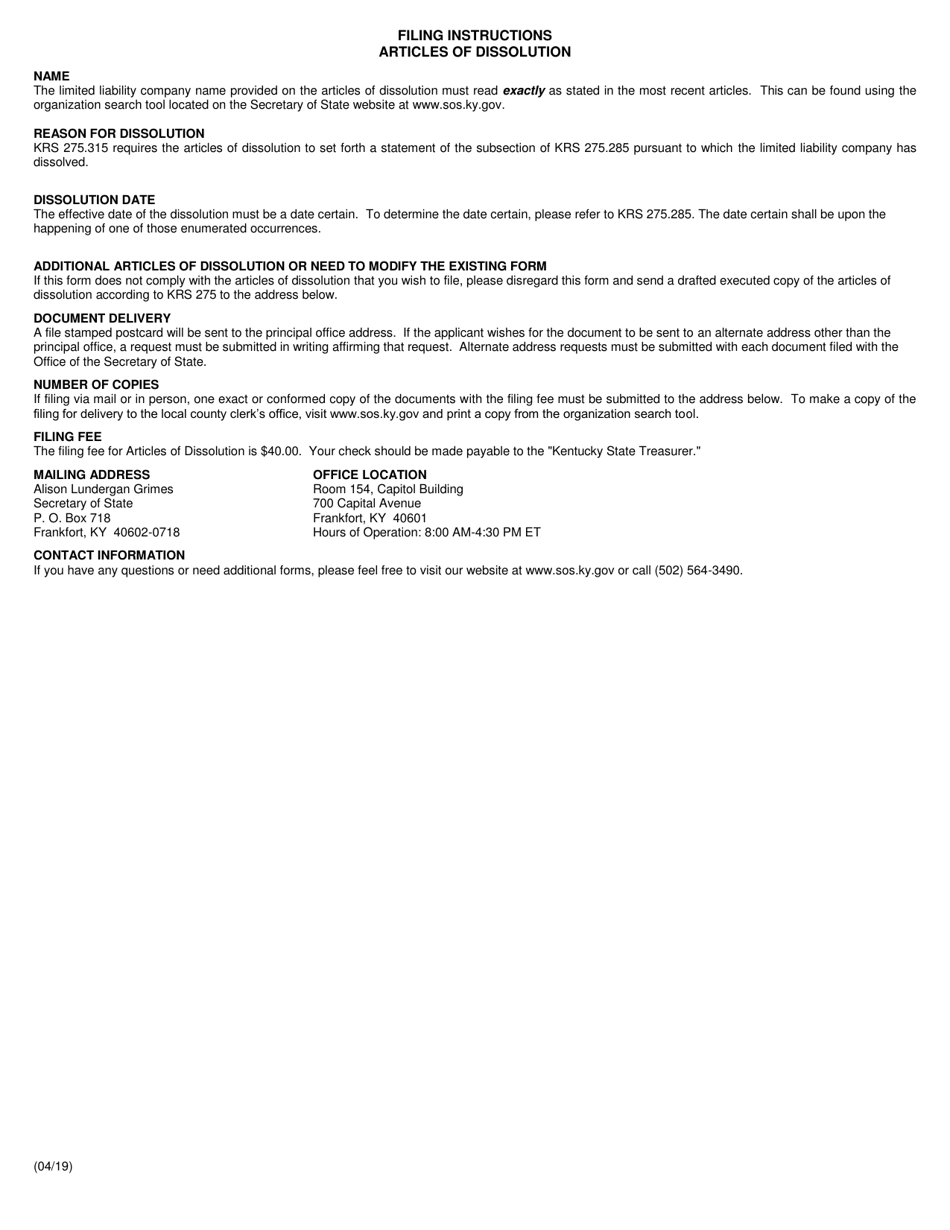 Articles of Dissolution Limited Liability Company - Kentucky, Page 2