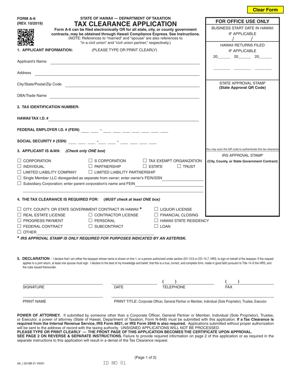 Form A-6 Tax Clearance Application - Hawaii, Page 1