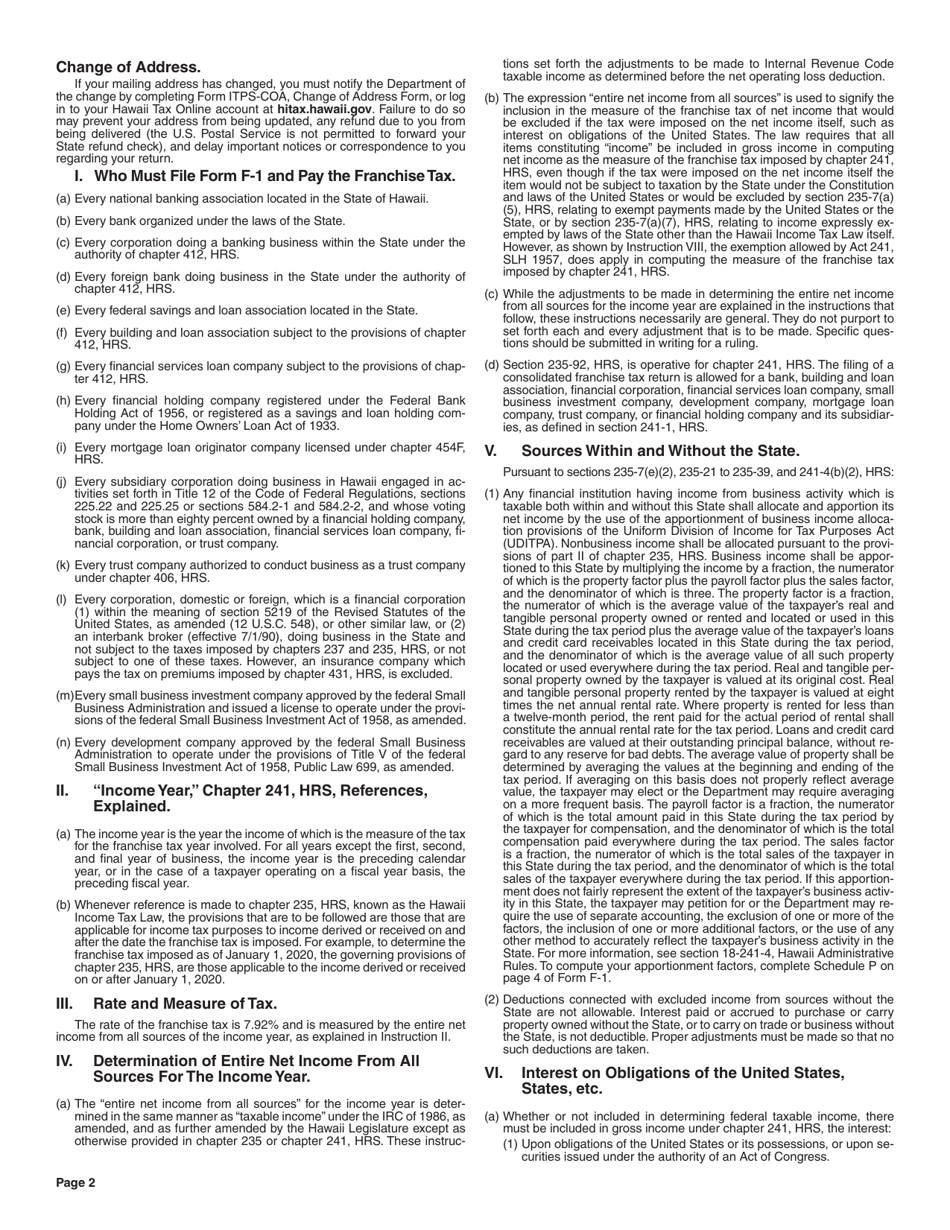 Instructions for Form F-1 Franchise Tax Return - Hawaii, Page 2