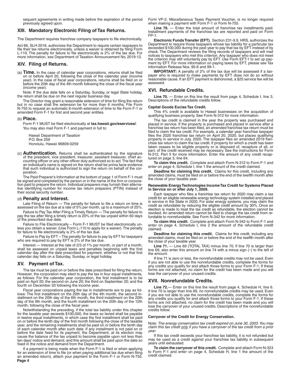 Instructions for Form F-1 Franchise Tax Return - Hawaii, Page 4