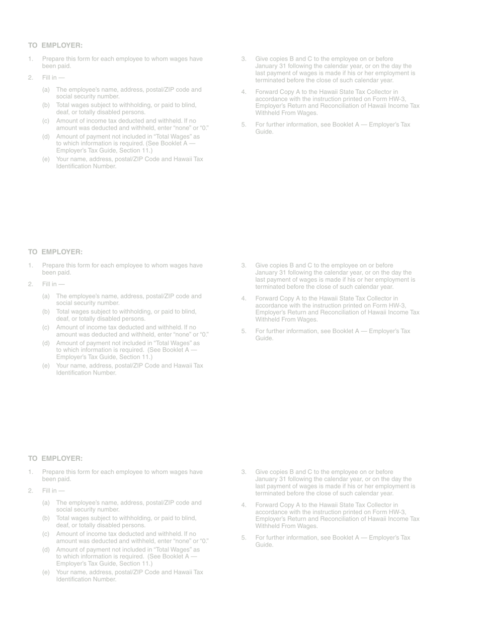 Form HW-2 Statement of Hawaii Income Tax Withheld and Wages Paid - Hawaii, Page 2