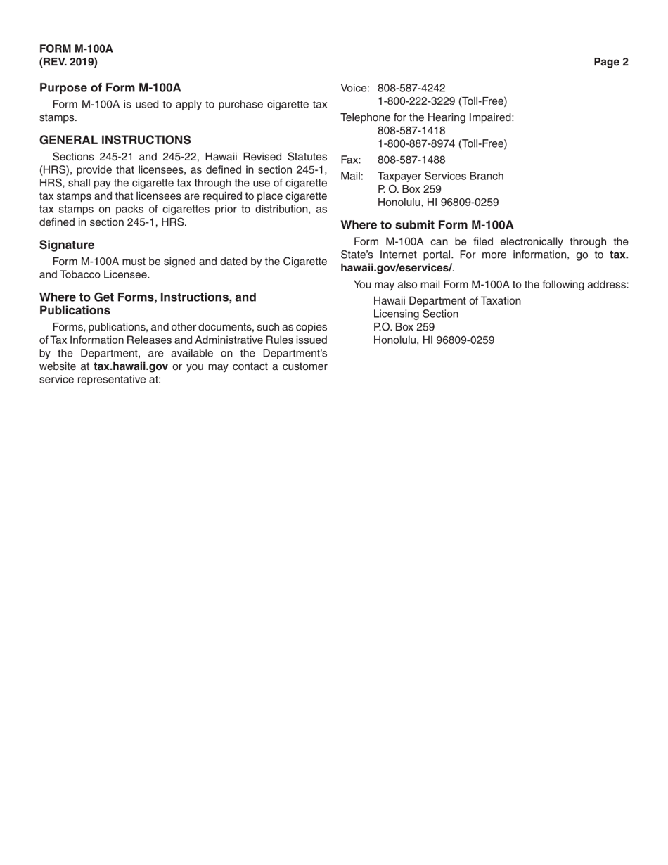 Form M-100A Application to Purchase Cigarette Tax Stamps - Hawaii, Page 2