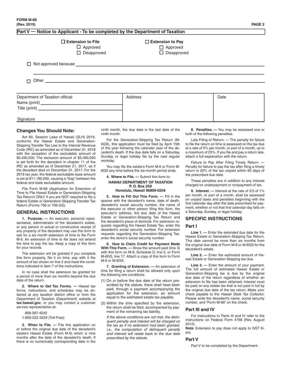 Form M-68 Application for Extension of Time to File Hawaii Estate Tax Return (Form M-6) or Hawaii Generation-Skipping Transfer Tax Return (M-6gs) and / or Pay Hawaii Estate (And Generation-Skipping Transfer) Taxes (Only for Decedents Filing a Hawaii Return but Not Required to File a Federal Return) - Hawaii, Page 2