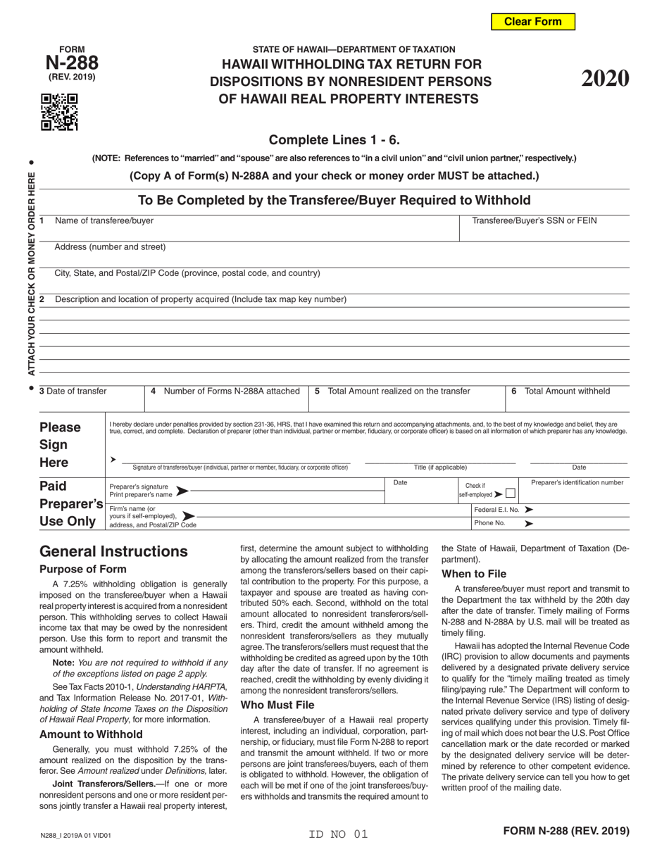 Form N-288 Hawaii Withholding Tax Return for Dispositions by Nonresident Persons of Hawaii Real Property Interests - Hawaii, Page 1