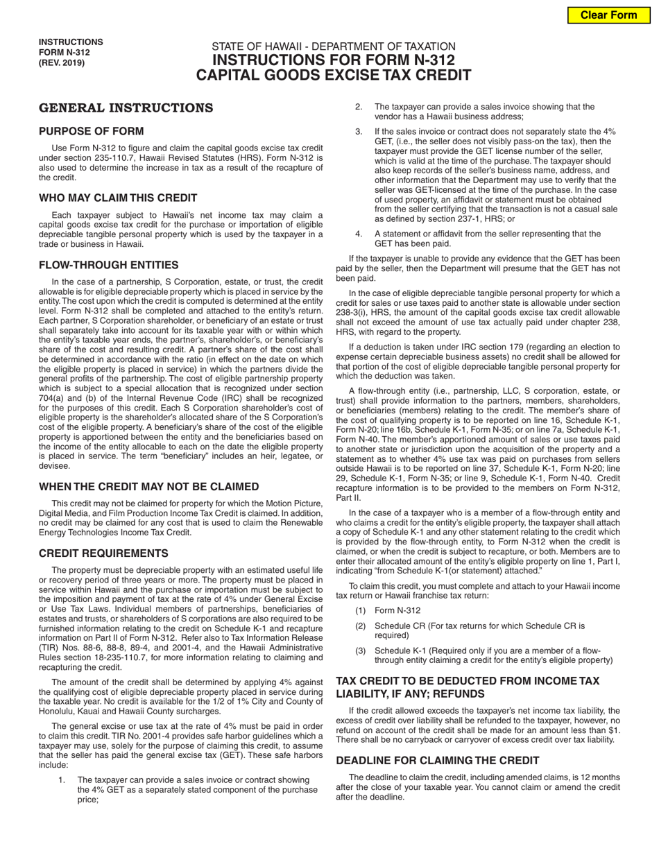 Instructions for Form N-312 Capital Goods Excise Tax Credit - Hawaii, Page 1