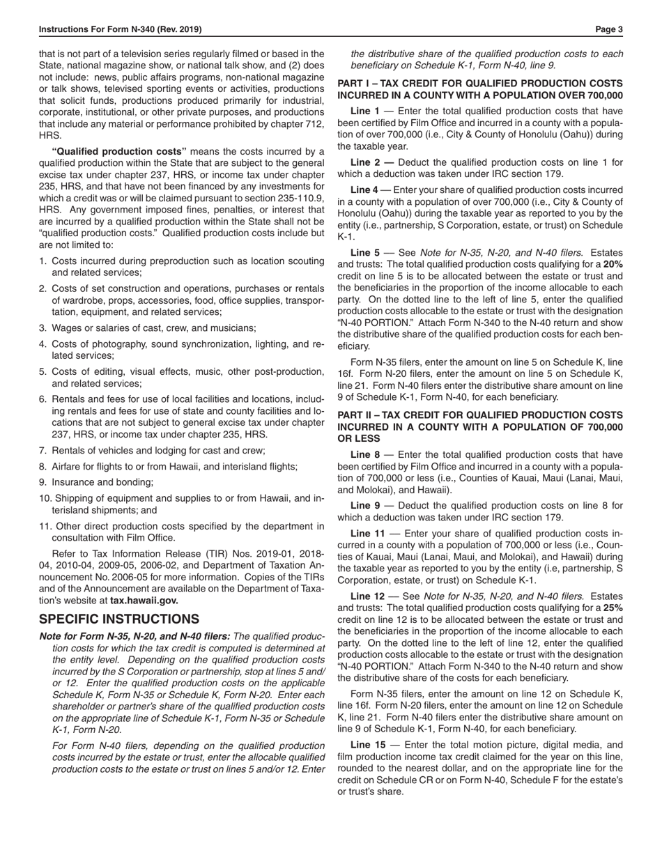 Instructions for Form N-340 Motion Picture, Digital Media, and Film Production Tax Credit - Hawaii, Page 3