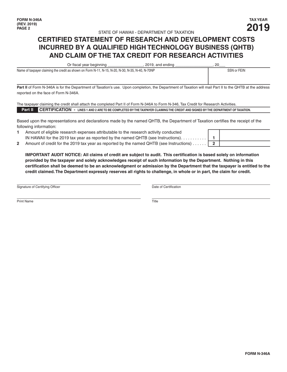 Form N-346A Certified Statement of Research and Development Costs Incurred by a Qualified High Technology Business (Qhtb) and Claim of the Tax Credit for Research Activities - Hawaii, Page 2