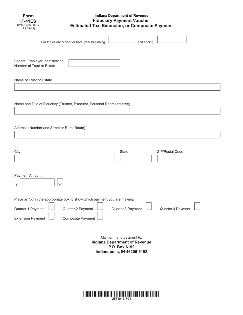 Form IT-41ES (State Form 50217) Fiduciary Payment Voucher - Estimated Tax, Extension, or Composite Payment - Indiana, Page 1