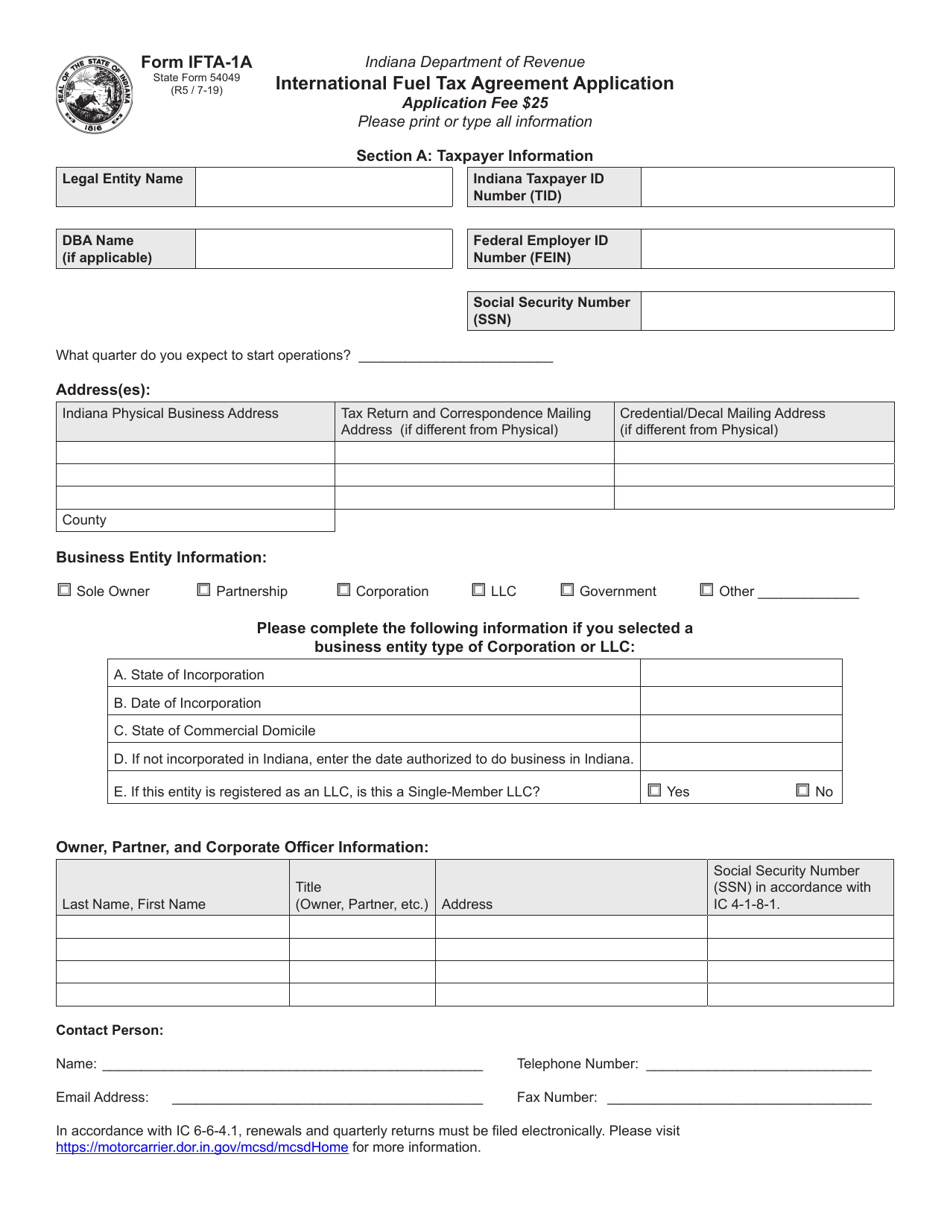 Form IFTA-1A (State Form 54049) International Fuel Tax Agreement Application - Indiana, Page 1