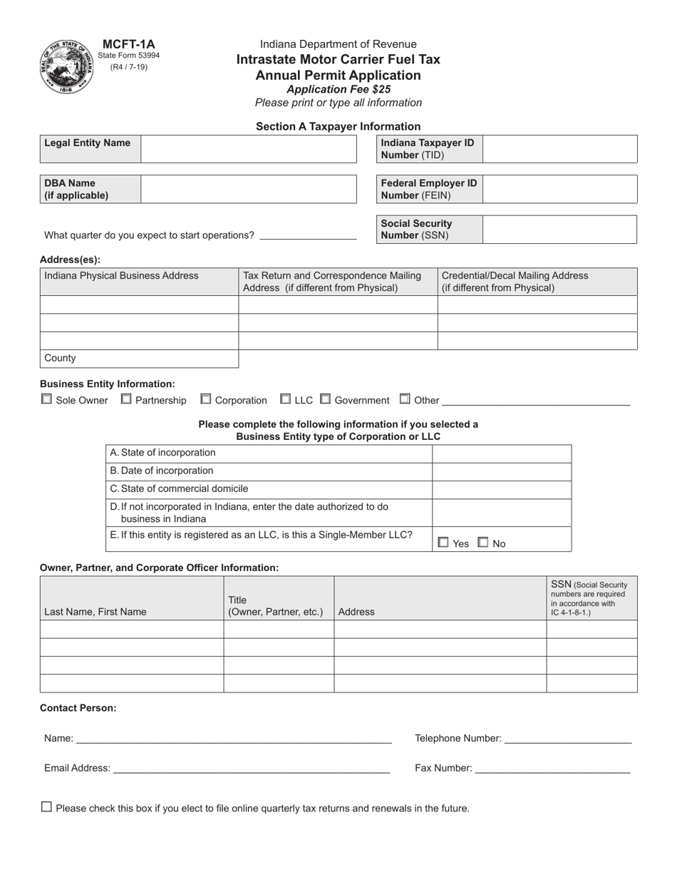 Form MCFT-1A (State Form 53994) Intrastate Motor Carrier Fuel Tax Annual Permit Application - Indiana, Page 1