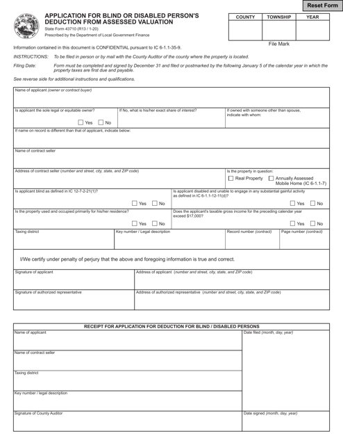 State Form 43710 Application for Blind or Disabled Person's Deduction From Assessed Valuation - Indiana