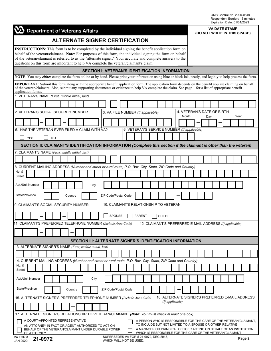VA Form 21-0972 Alternate Signer Certification, Page 2