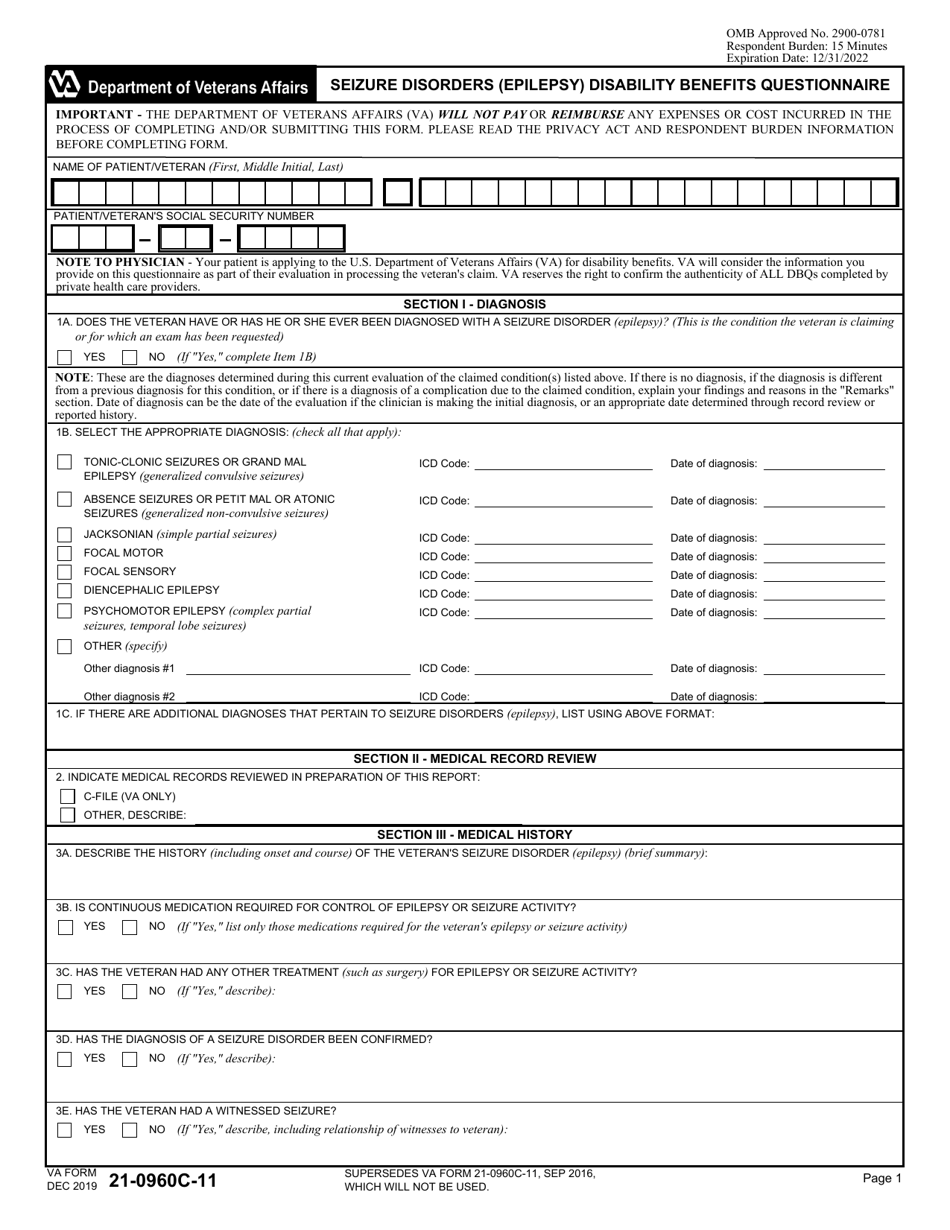 VA Form 21-0960C-11 Seizure Disorders (Epilepsy) Disability Benefits Questionnaire, Page 1