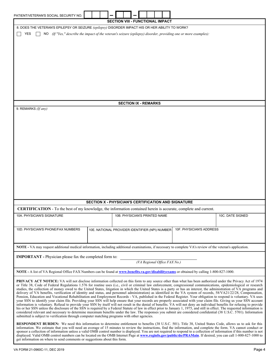 VA Form 21-0960C-11 Seizure Disorders (Epilepsy) Disability Benefits Questionnaire, Page 4