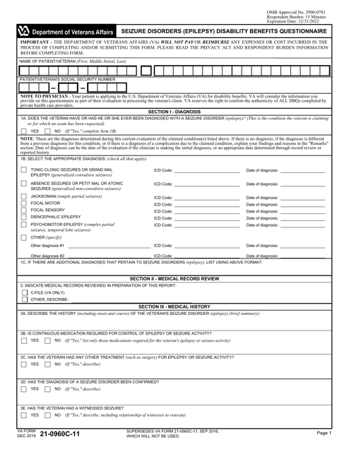 VA Form 21-0960C-11 Seizure Disorders (Epilepsy) Disability Benefits Questionnaire