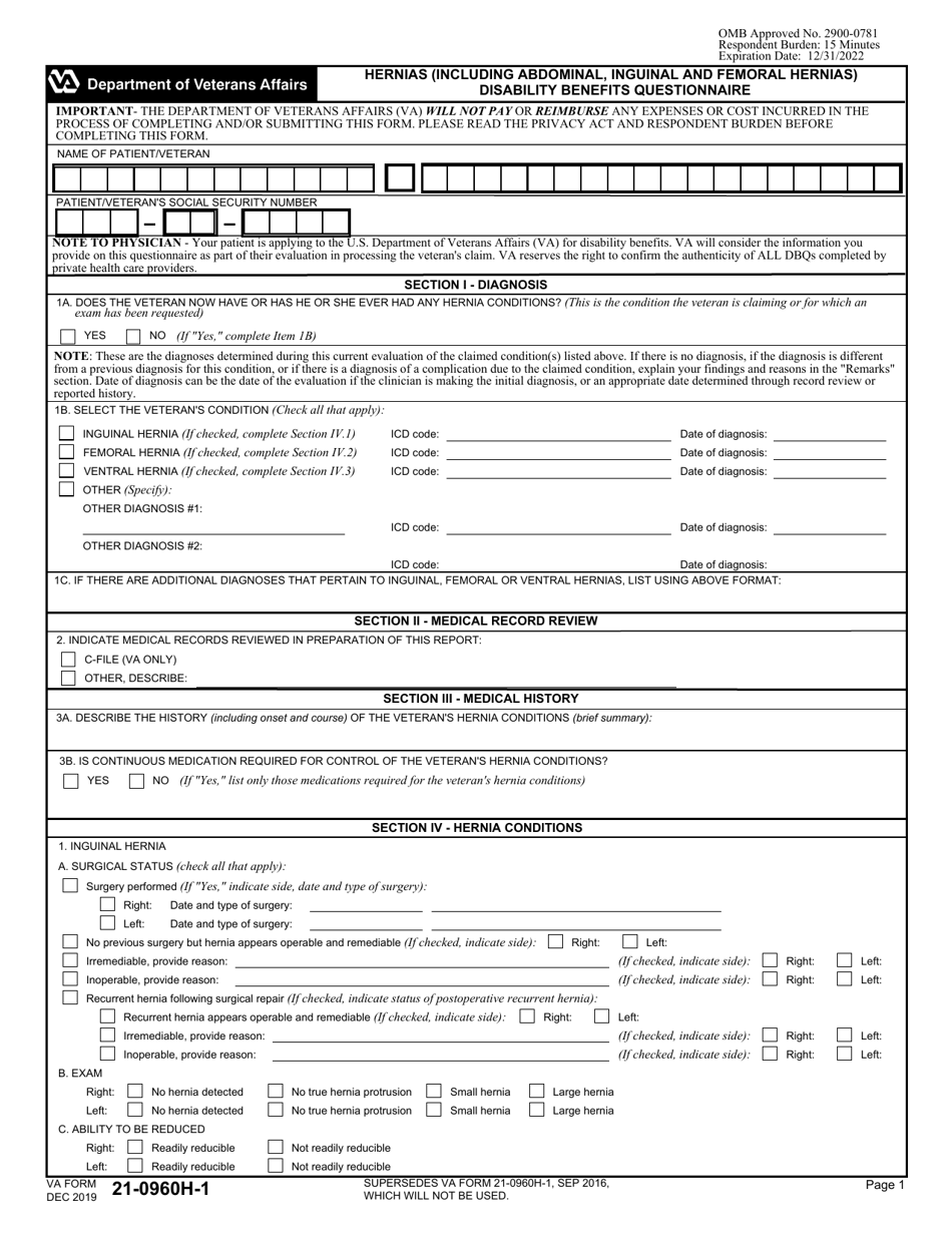 VA Form 21-0960H-1 Hernias (Including Abdominal, Inguinal and Femoral Hernias) - Disability Benefits Questionnaire, Page 1