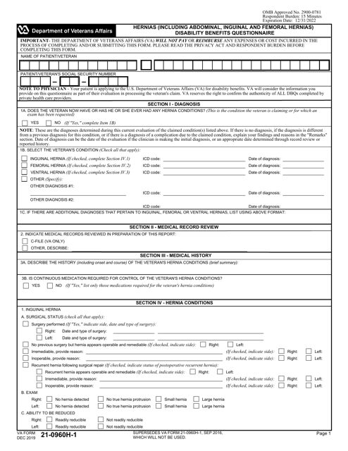 VA Form 21-0960H-1 Hernias (Including Abdominal, Inguinal and Femoral Hernias) - Disability Benefits Questionnaire
