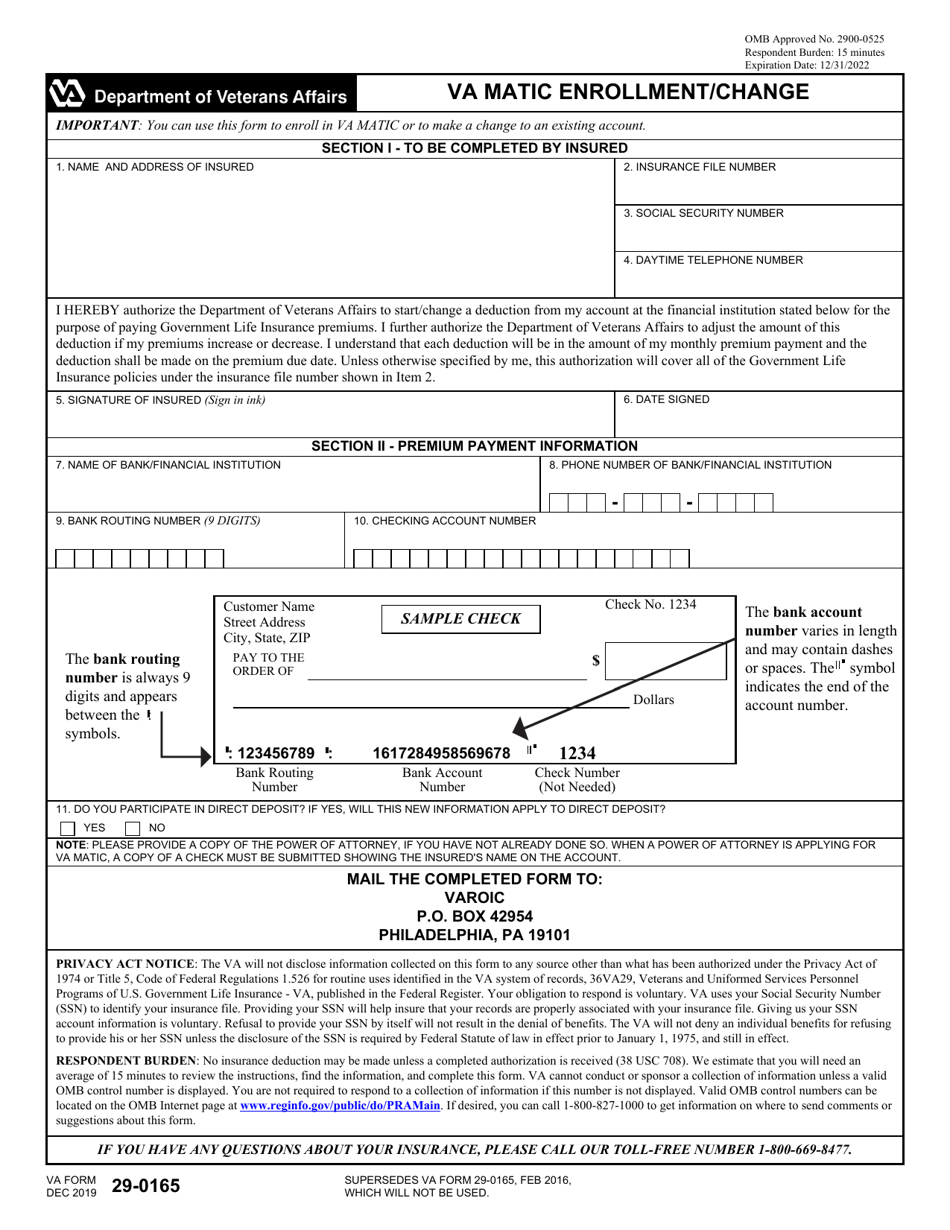 VA Form 29-0165 VA Matic Enrollment / Change, Page 1