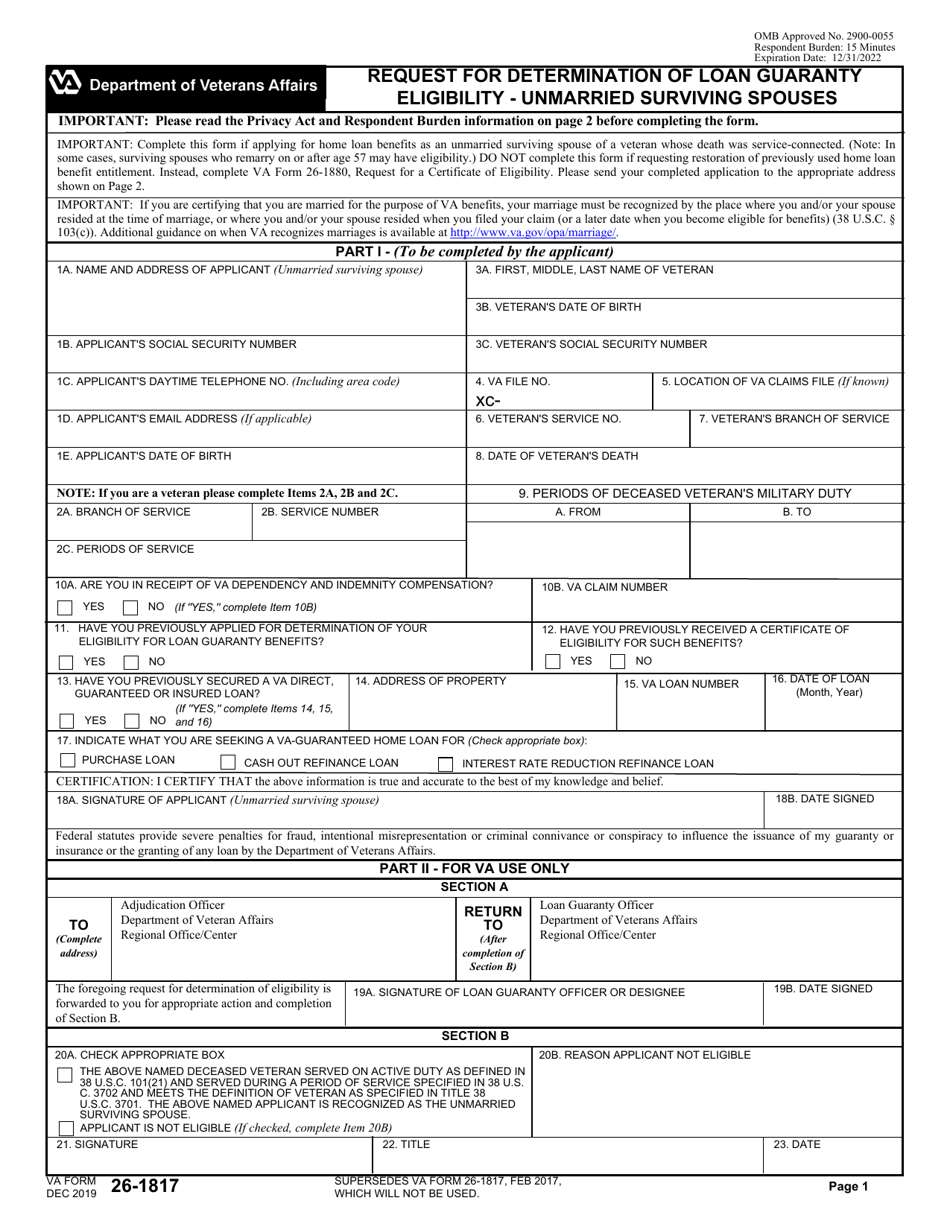 VA Form 26-1817 Request for Determination of Loan Guaranty Eligibility - Unmarried Surviving Spouses, Page 1