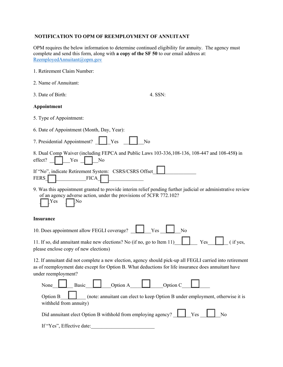 Notification to OPM of Reemployment of Annuitant Download Fillable PDF