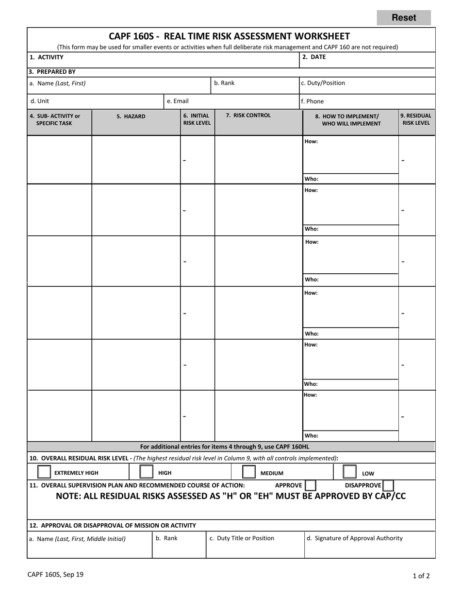 Form CAPF160S Real Time Risk Assessment Worksheet, Page 1