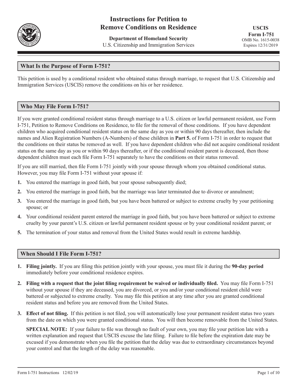Instructions for USCIS Form I-751 Petition to Remove Conditions on Residence, Page 1
